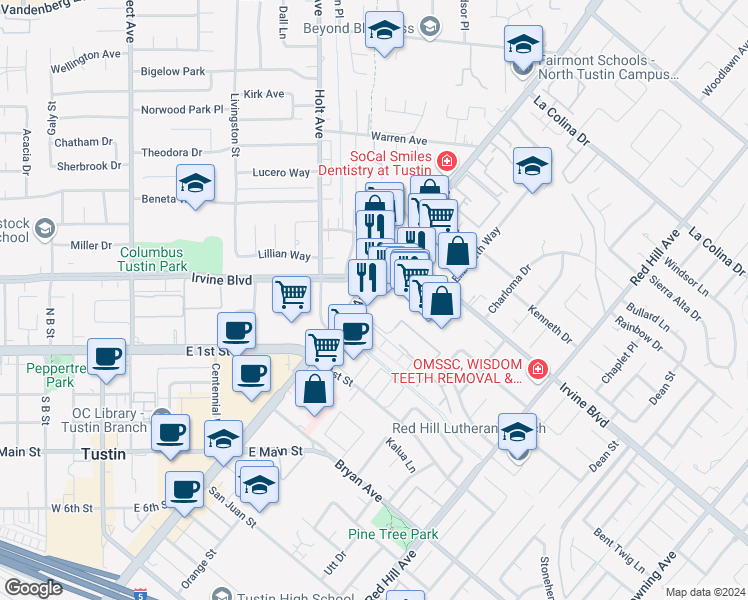 map of restaurants, bars, coffee shops, grocery stores, and more near 450 East 4th Street in Santa Ana