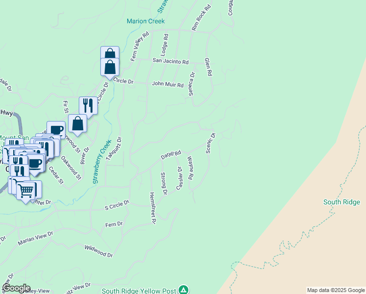 map of restaurants, bars, coffee shops, grocery stores, and more near 55175 Daryll Road in Idyllwild-Pine Cove