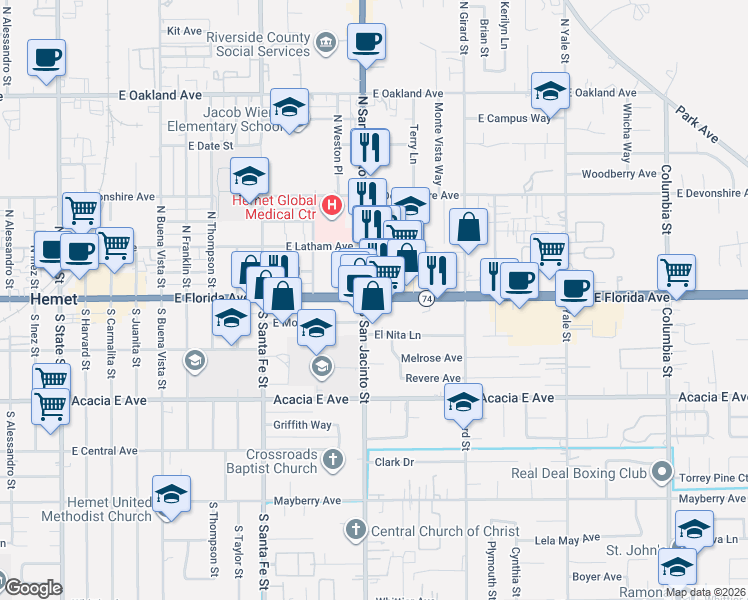 map of restaurants, bars, coffee shops, grocery stores, and more near in Hemet