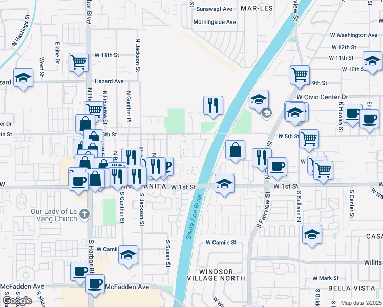 map of restaurants, bars, coffee shops, grocery stores, and more near 3118 Jeannie Common in Santa Ana