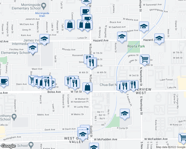 map of restaurants, bars, coffee shops, grocery stores, and more near 306 North Euclid Street in Santa Ana