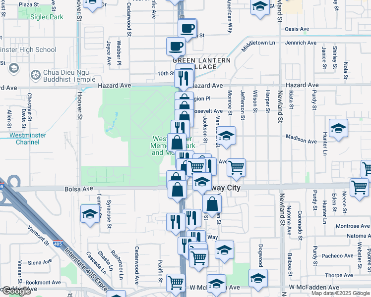 map of restaurants, bars, coffee shops, grocery stores, and more near 14822 Adams Street in Midway City