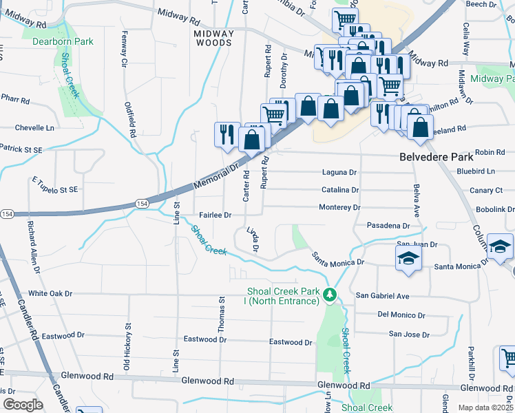 map of restaurants, bars, coffee shops, grocery stores, and more near 1555 Rupert Road in Decatur