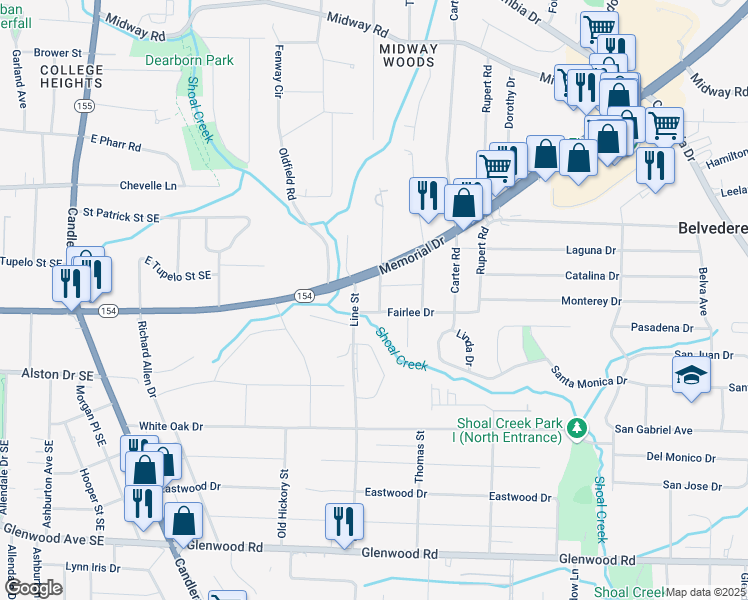 map of restaurants, bars, coffee shops, grocery stores, and more near in Belvedere Park