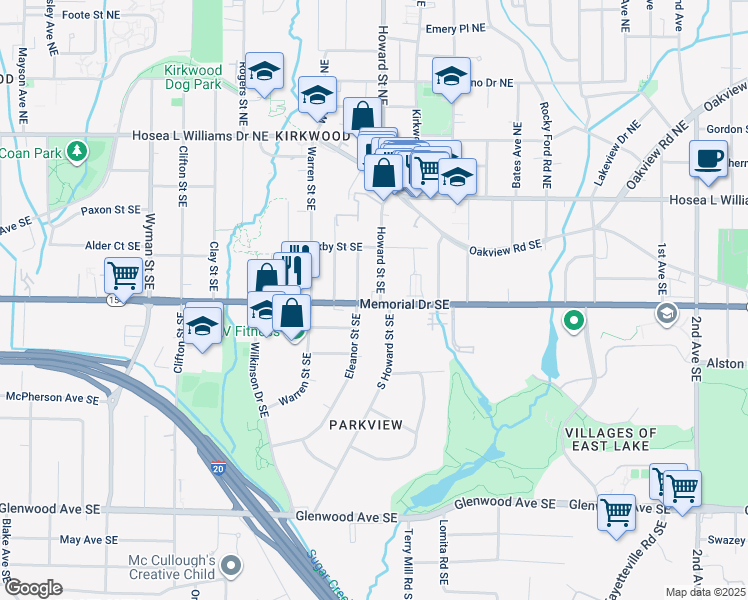 map of restaurants, bars, coffee shops, grocery stores, and more near 1931 Memorial Drive Southeast in Atlanta