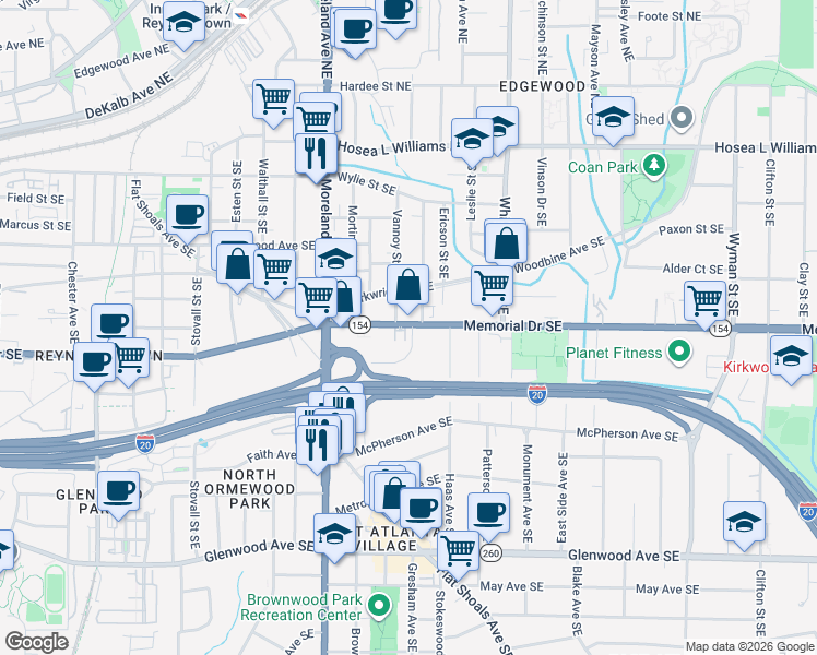map of restaurants, bars, coffee shops, grocery stores, and more near 300 Vannoy Park Lane Drive Southeast in Atlanta