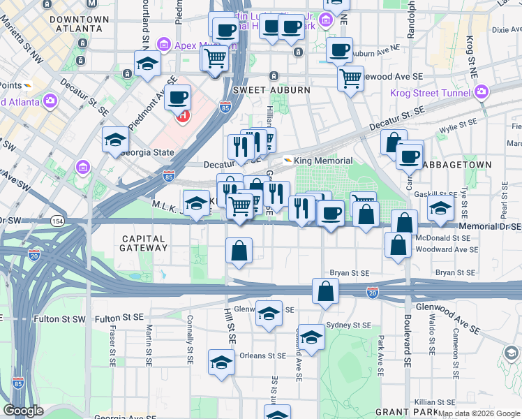 map of restaurants, bars, coffee shops, grocery stores, and more near 336 Memorial Drive Southeast in Atlanta