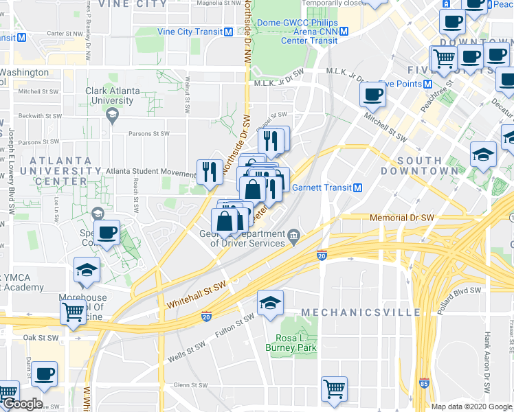 map of restaurants, bars, coffee shops, grocery stores, and more near 300 Peters Street Southwest in Atlanta
