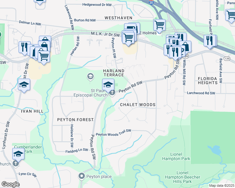 map of restaurants, bars, coffee shops, grocery stores, and more near 284 Peyton Road Southwest in Atlanta