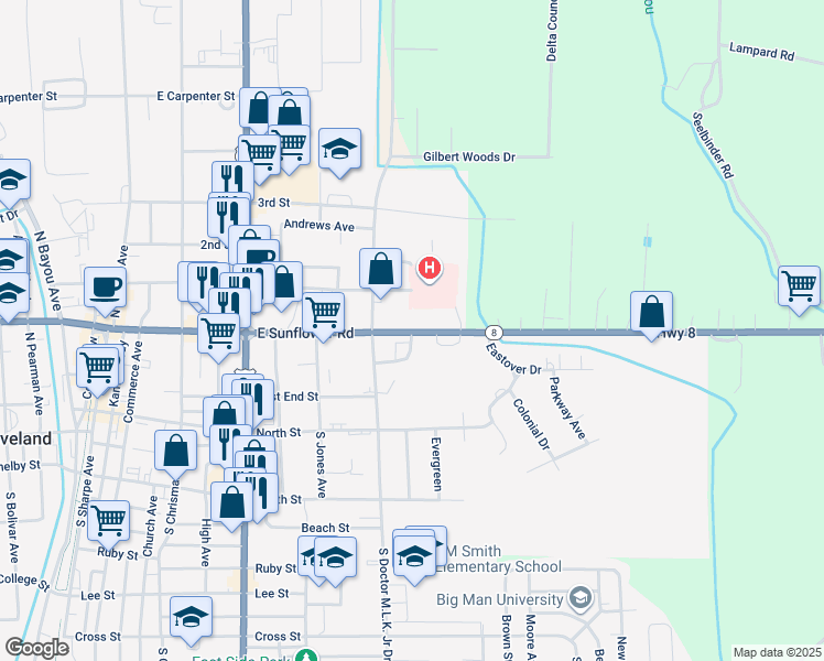 map of restaurants, bars, coffee shops, grocery stores, and more near 848-898 East Sunflower Road in Cleveland