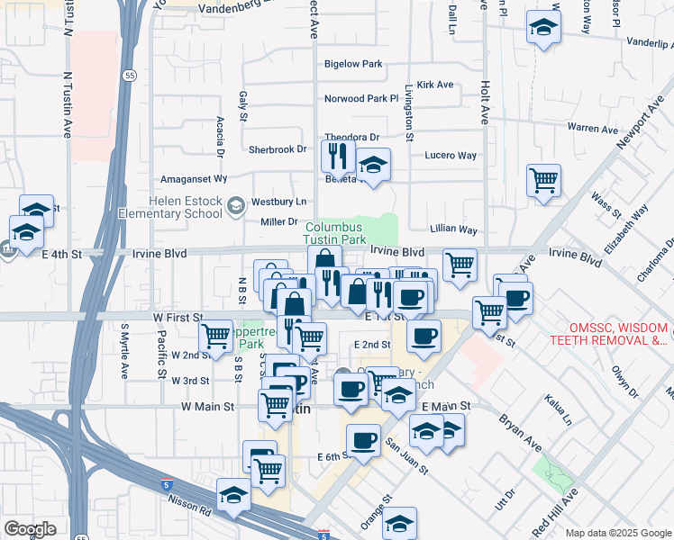 map of restaurants, bars, coffee shops, grocery stores, and more near 282 Prospect Park in Tustin