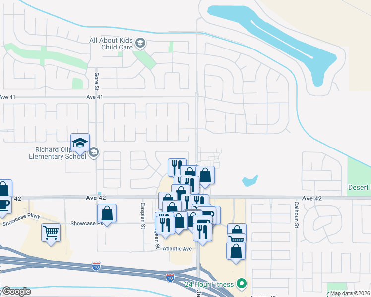 map of restaurants, bars, coffee shops, grocery stores, and more near 82950 Vincent Drive in Indio