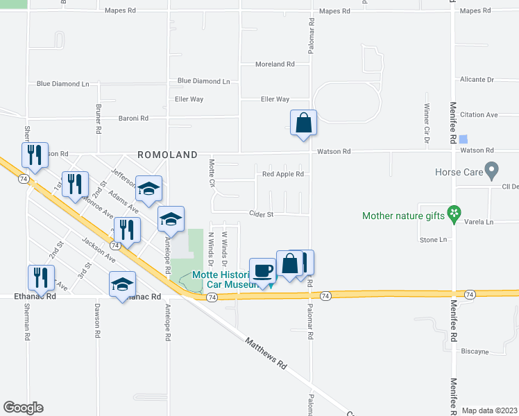 map of restaurants, bars, coffee shops, grocery stores, and more near 25674 Macintosh Court in Menifee