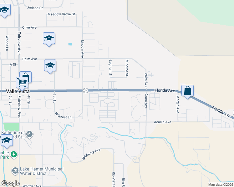 map of restaurants, bars, coffee shops, grocery stores, and more near 44725 Florida Ave in Hemet