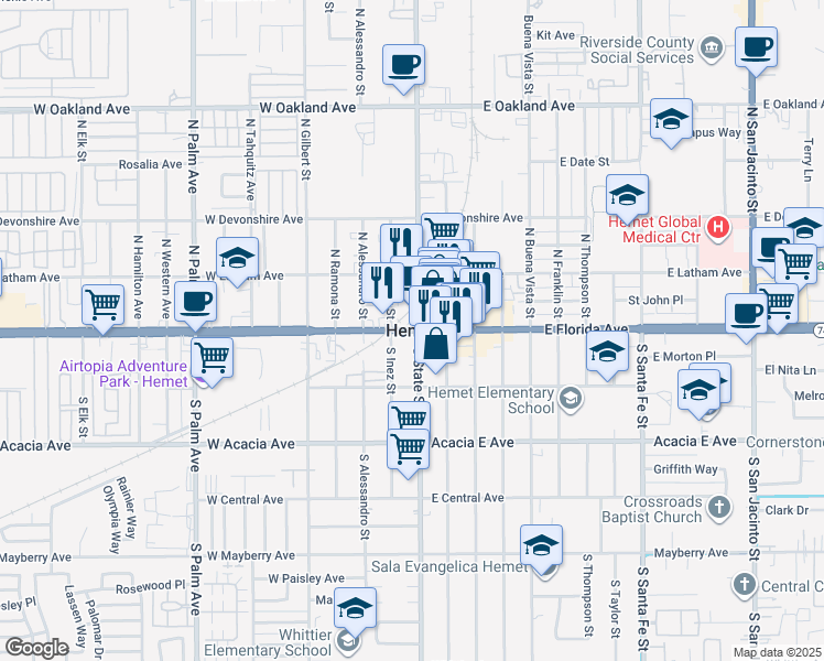 map of restaurants, bars, coffee shops, grocery stores, and more near 4605 Oak Tree Way in Hemet