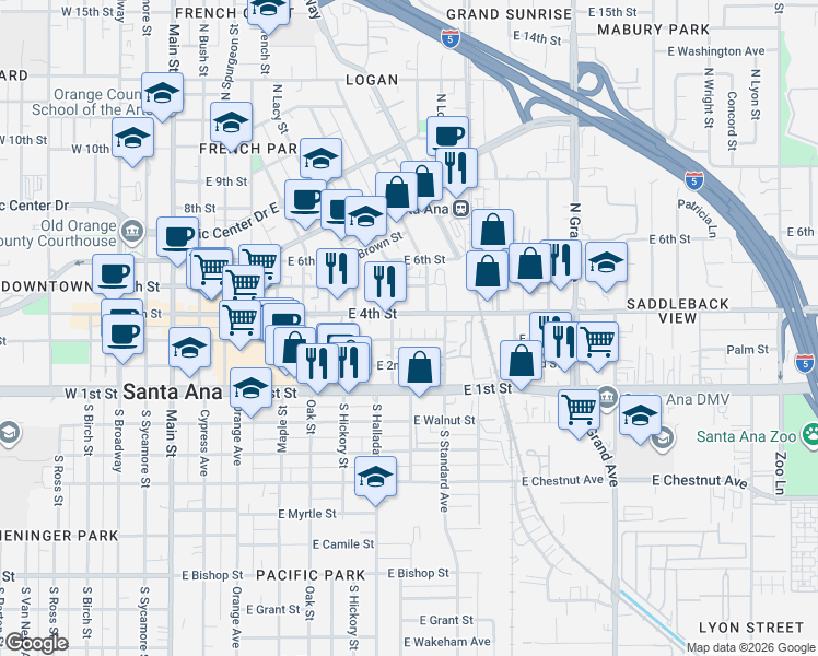 map of restaurants, bars, coffee shops, grocery stores, and more near 911 East 3rd Street in Santa Ana
