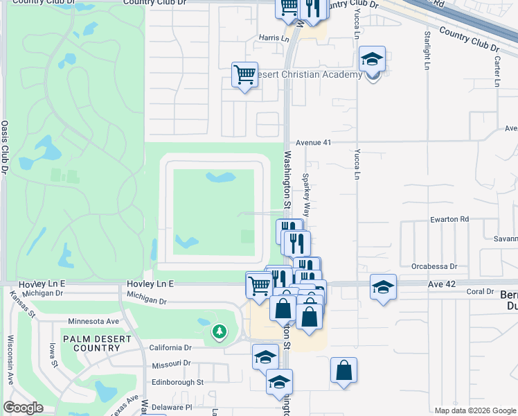 map of restaurants, bars, coffee shops, grocery stores, and more near 41457 Woodhaven Drive North in Palm Desert