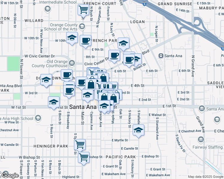 map of restaurants, bars, coffee shops, grocery stores, and more near 307 East First Street in Santa Ana