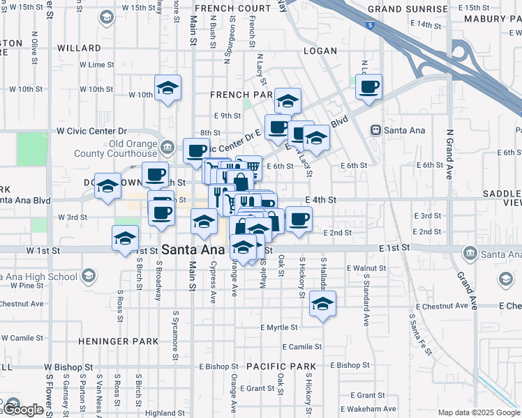 map of restaurants, bars, coffee shops, grocery stores, and more near 450 East 4th Street in Santa Ana
