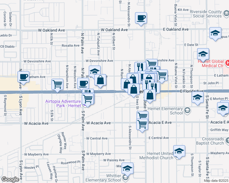 map of restaurants, bars, coffee shops, grocery stores, and more near W Florida Ave & S Gilbert St in Hemet