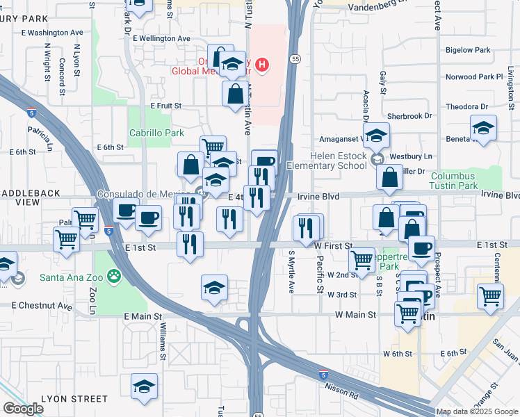 map of restaurants, bars, coffee shops, grocery stores, and more near 151 North Tustin Avenue in Tustin