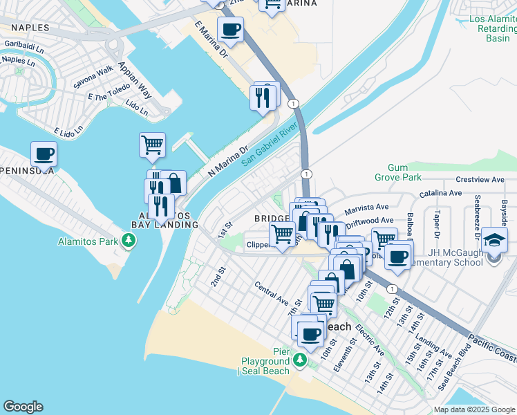 map of restaurants, bars, coffee shops, grocery stores, and more near 100 Electric Avenue in Seal Beach