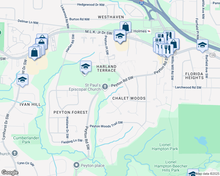 map of restaurants, bars, coffee shops, grocery stores, and more near 284 Peyton Road Southwest in Atlanta