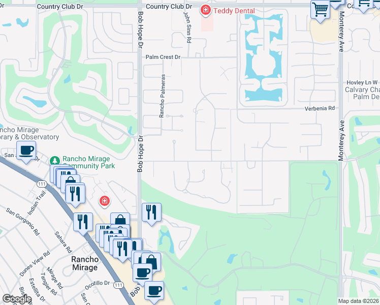 map of restaurants, bars, coffee shops, grocery stores, and more near 40745 Morningstar Road in Rancho Mirage