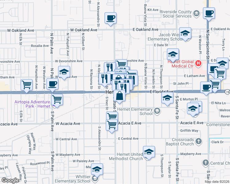 map of restaurants, bars, coffee shops, grocery stores, and more near 2 East Florida Avenue in Hemet