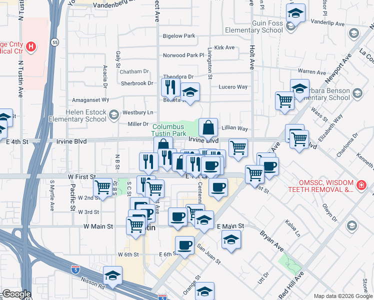 map of restaurants, bars, coffee shops, grocery stores, and more near 17880 Irvine Boulevard in Tustin