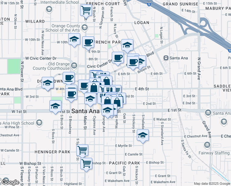 map of restaurants, bars, coffee shops, grocery stores, and more near 450 East 4th Street in Santa Ana