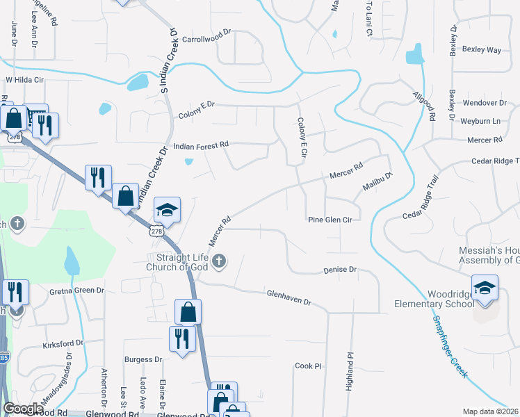 map of restaurants, bars, coffee shops, grocery stores, and more near 4292 Hidden Valley Road in Decatur
