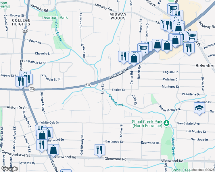 map of restaurants, bars, coffee shops, grocery stores, and more near in Belvedere Park