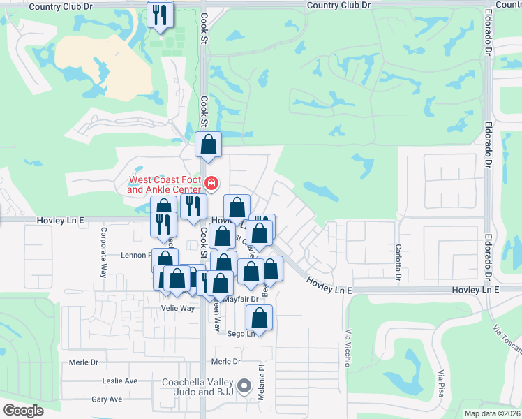map of restaurants, bars, coffee shops, grocery stores, and more near 41935 Largo in Palm Desert