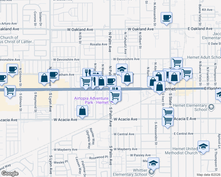 map of restaurants, bars, coffee shops, grocery stores, and more near 2 North Palm Avenue in Hemet