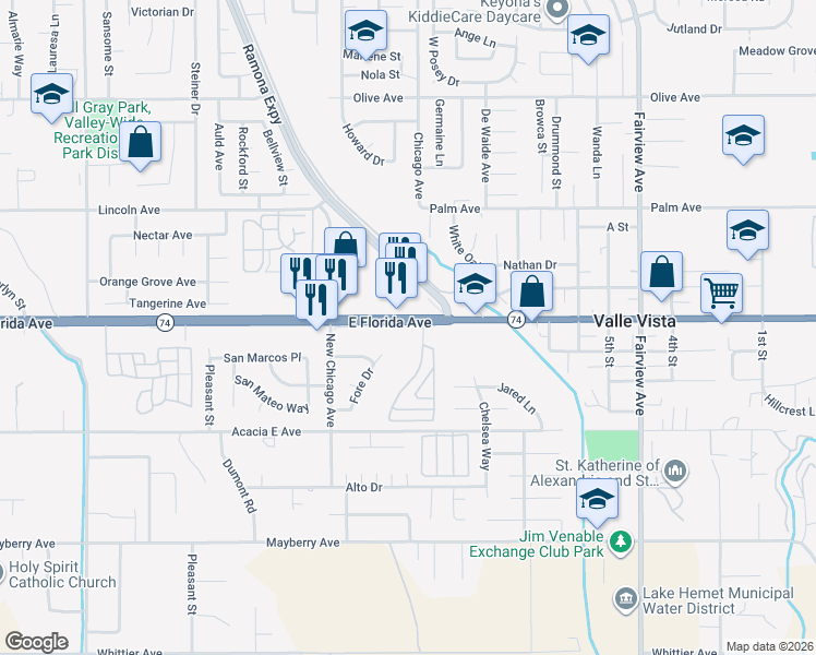 map of restaurants, bars, coffee shops, grocery stores, and more near 2 East Florida Avenue in Hemet