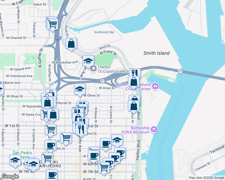 map of restaurants, bars, coffee shops, grocery stores, and more near 320 West Oliver Street in Los Angeles