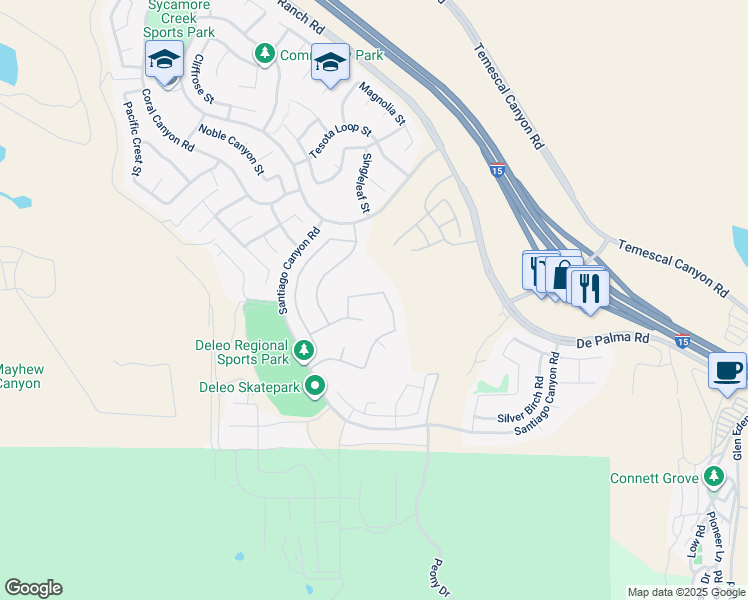 map of restaurants, bars, coffee shops, grocery stores, and more near 11367 Bluebird Way in Corona
