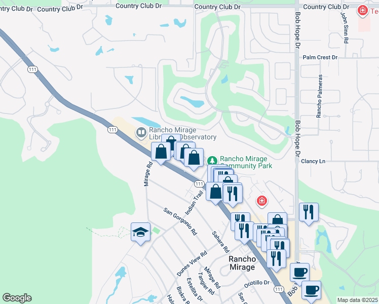 map of restaurants, bars, coffee shops, grocery stores, and more near 71300 San Jacinto Drive in Rancho Mirage