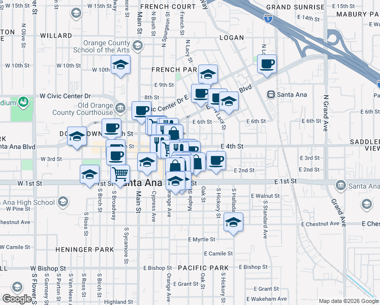 map of restaurants, bars, coffee shops, grocery stores, and more near 450 East 4th Street in Santa Ana