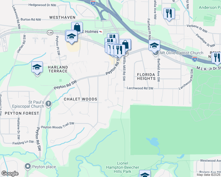 map of restaurants, bars, coffee shops, grocery stores, and more near 2434 Prairie View Drive Southwest in Atlanta