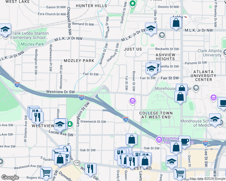 map of restaurants, bars, coffee shops, grocery stores, and more near 299 Holderness Street Southwest in Atlanta