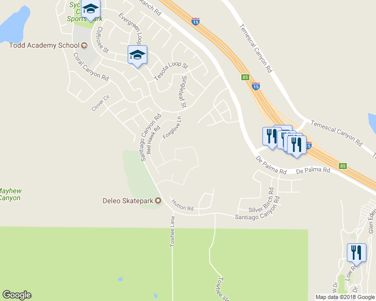 map of restaurants, bars, coffee shops, grocery stores, and more near 11367 Bluebird Way in Corona