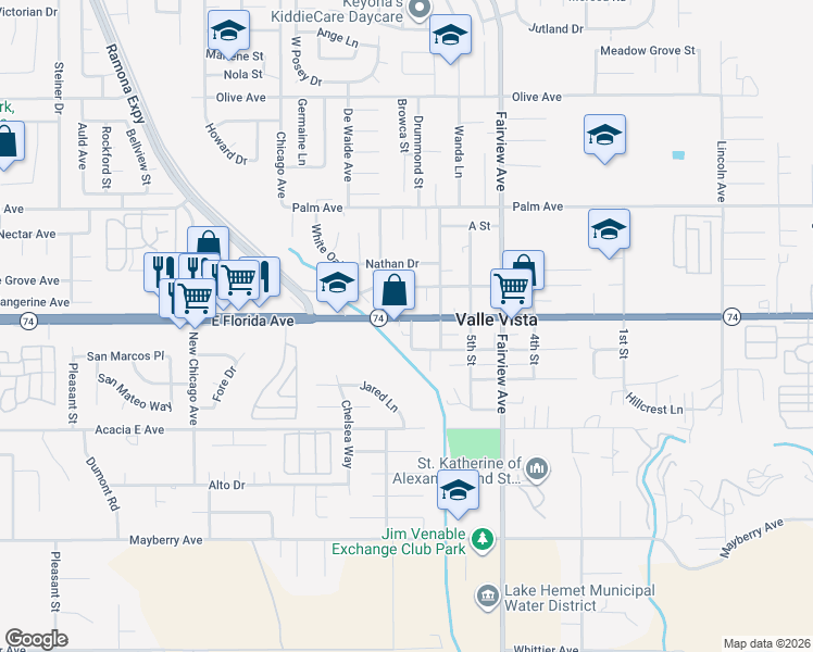 map of restaurants, bars, coffee shops, grocery stores, and more near 44725 East Florida Avenue in Hemet