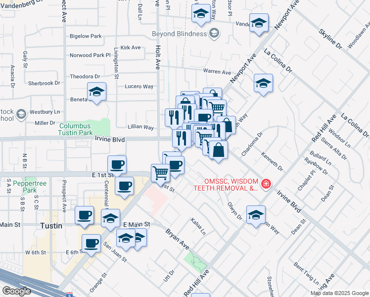 map of restaurants, bars, coffee shops, grocery stores, and more near 13132 Newport Ave in Tustin