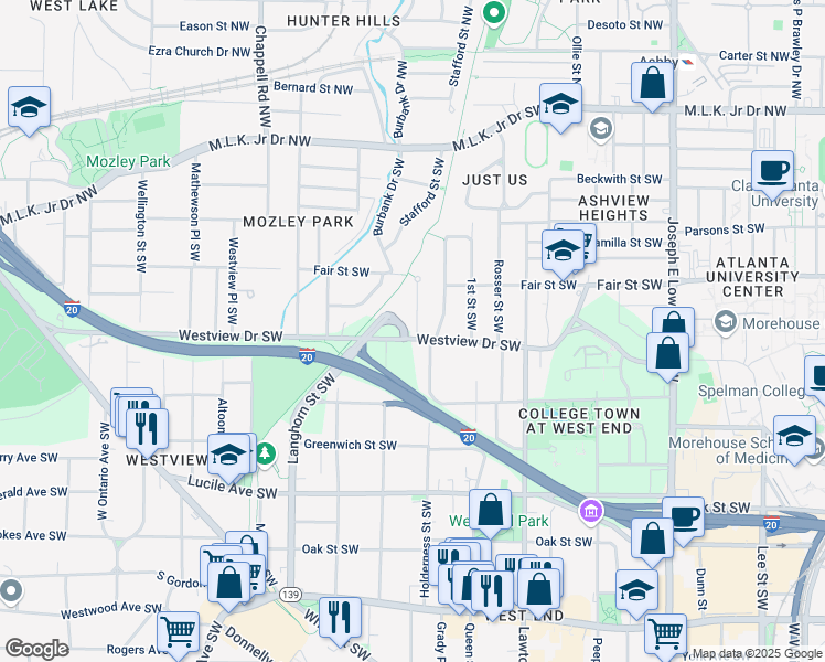 map of restaurants, bars, coffee shops, grocery stores, and more near 299 Holderness Street Southwest in Atlanta