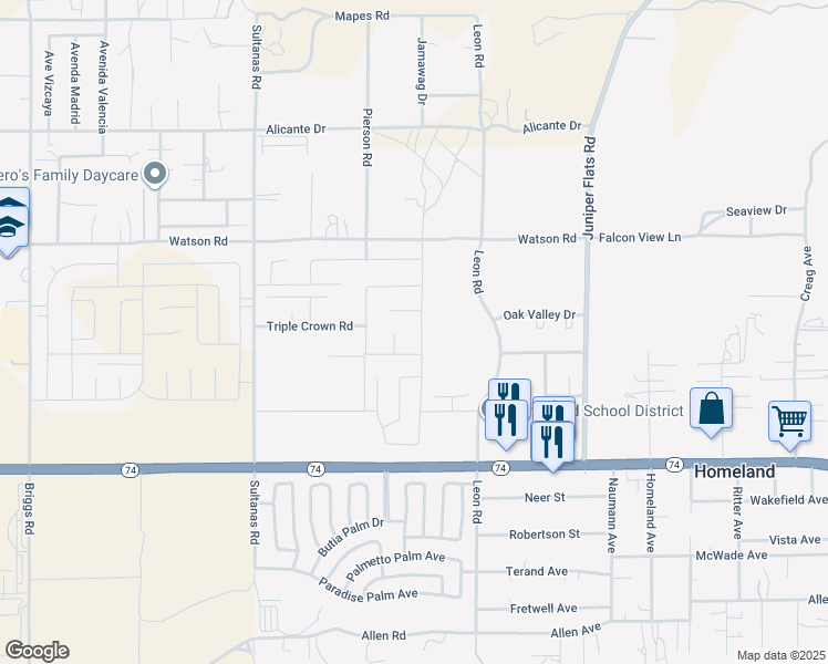 map of restaurants, bars, coffee shops, grocery stores, and more near 25685 Branson Lane in Homeland