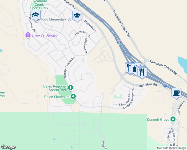 map of restaurants, bars, coffee shops, grocery stores, and more near 25620 Spicewood Street in Corona