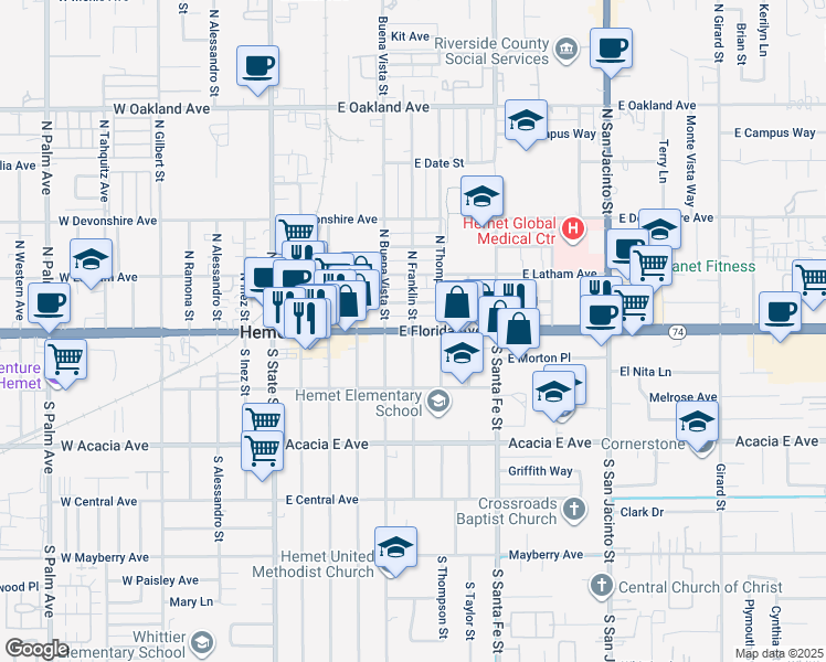 map of restaurants, bars, coffee shops, grocery stores, and more near 2 North Franklin Street in Hemet