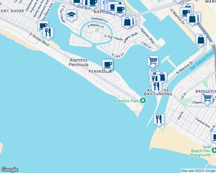 map of restaurants, bars, coffee shops, grocery stores, and more near 6411 East Seaside Walk in Long Beach